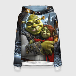 Толстовка-худи женская Шрек и Фиона в обнимку зимой, цвет: 3D-белый
