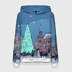 Толстовка-худи женская Новогодняя елка в центре Москвы, цвет: 3D-белый