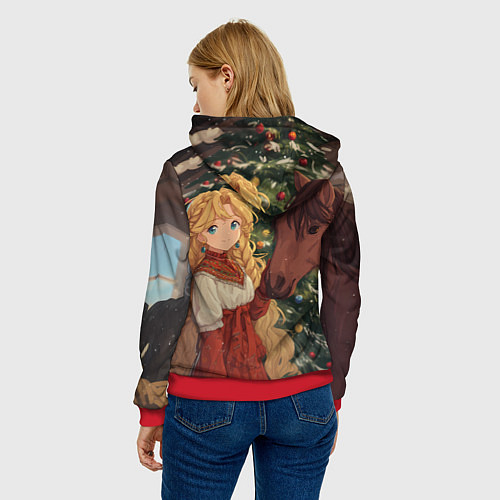 Женская толстовка Аниме девочка с лошадкой встречают Новый год / 3D-Красный – фото 4