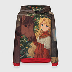 Толстовка-худи женская Аниме девочка с лошадкой встречают Новый год, цвет: 3D-красный