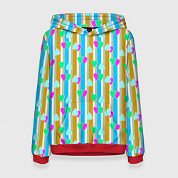 Толстовка-худи женская Полосатый с сердечками ретро в горошек, цвет: 3D-красный