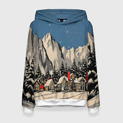 Толстовка-худи женская Небольшой новогодний город в горах, цвет: 3D-белый