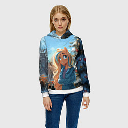 Толстовка-худи женская Лошадка на новогодней площади, цвет: 3D-белый — фото 2