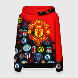 Толстовка-худи женская Манчестер Юнайтед логотипы команд, цвет: 3D-черный