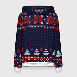 Толстовка-худи женская Новогодний вязаный узор, цвет: 3D-белый