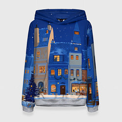 Толстовка-худи женская Синяя новогодняя елочка во дворе, цвет: 3D-меланж