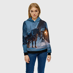 Толстовка-худи женская Лошадь у избы, цвет: 3D-черный — фото 2