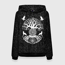 Толстовка-худи женская Волки и вороны Одина и древо мира, цвет: 3D-черный
