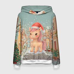 Толстовка-худи женская Маленькая новогодняя милая лошадка, цвет: 3D-белый