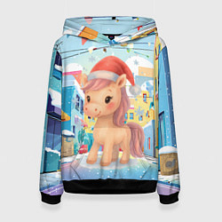 Толстовка-худи женская Лошадка с новогоднем венком, цвет: 3D-черный