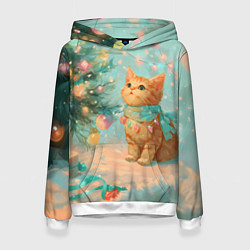 Толстовка-худи женская Милый рыжий котенок любуется елкой, цвет: 3D-белый
