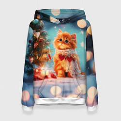 Толстовка-худи женская Рыжий маленький новогодний котенок, цвет: 3D-белый