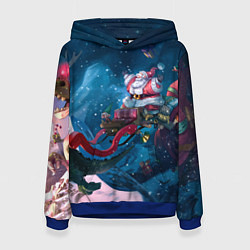 Толстовка-худи женская Санта с динозавром, цвет: 3D-синий