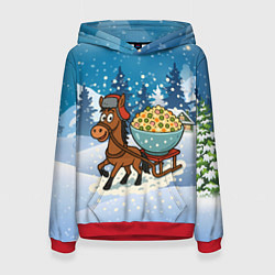 Толстовка-худи женская Лошадка везет на санках тазик оливье, цвет: 3D-красный