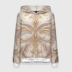 Толстовка-худи женская Перламутровый орнамент с перьями, цвет: 3D-белый