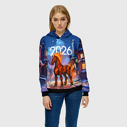 Толстовка-худи женская Красная огненная металлическая лошадь 2026, цвет: 3D-черный — фото 2