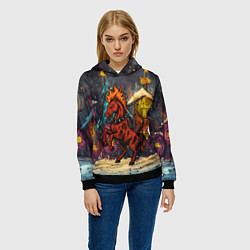 Толстовка-худи женская Красная огненная лошадь панк в городе, цвет: 3D-черный — фото 2