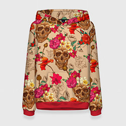 Толстовка-худи женская Черепа в цветах, цвет: 3D-красный