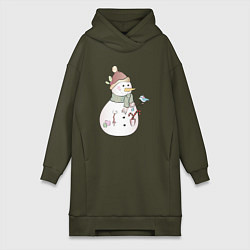 Женское худи-платье Снеговик с птичкой, цвет: хаки