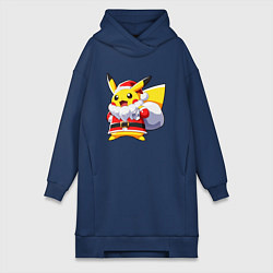 Женское худи-платье НОВОГОДНИЙ ПИКАЧУ САНТА КЛАУС, цвет: тёмно-синий