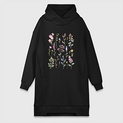 Женское худи-платье Акварельный рисунок растений, цвет: черный