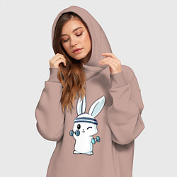 Женское худи-платье Прикольный зайчишка пауэрлифтер, цвет: пыльно-розовый — фото 2