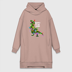 Женская толстовка-платье Новогодний динозавр елочка гори