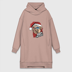 Женское худи-платье Pug merry christmas, цвет: пыльно-розовый