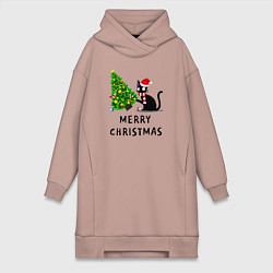 Женское худи-платье Кот валит новогоднюю ёлку, цвет: пыльно-розовый