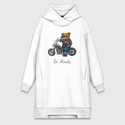 Женское худи-платье Крутой мотоциклист медведь, цвет: белый