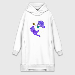 Женское худи-платье Космические коты, играющие планетами, цвет: белый