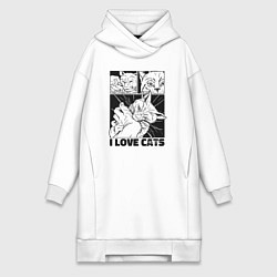 Женское худи-платье I love cats comic, цвет: белый