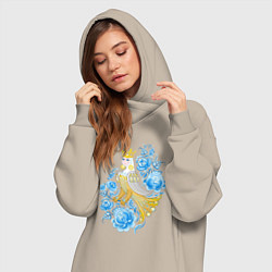 Женское худи-платье Птица Сирин в цветах по мотивам гжельской росписи, цвет: миндальный — фото 2