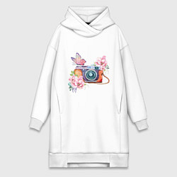 Женское худи-платье Фотоаппарат в цветах и бабочки, цвет: белый