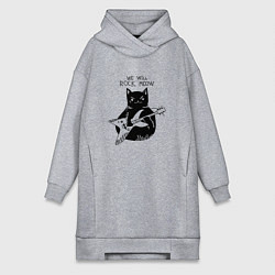 Женское худи-платье Кот-рокер с электро гитарой и строчкой из песни, цвет: меланж