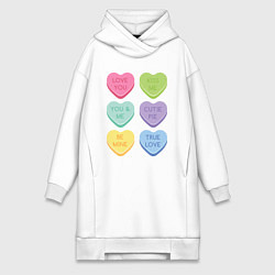 Женское худи-платье Стикеры сердечки с надписями, цвет: белый