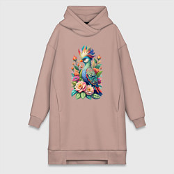 Женская толстовка-платье Голубая птица с хохолком среди цветов