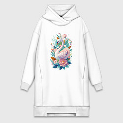 Женская толстовка-платье Белый лебедь среди цветов
