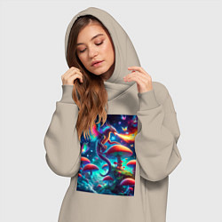 Женское худи-платье Сказочный дракон на планете неоновых грибов, цвет: миндальный — фото 2