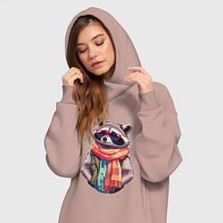 Женское худи-платье Модный енот в очках и шарфе, цвет: пыльно-розовый — фото 2