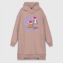 Женская толстовка-платье Новогодние сова с пингвином