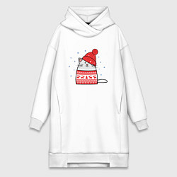 Женская толстовка-платье Кот в свитере с оленями и красной шапке