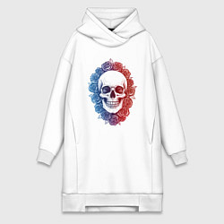 Женская толстовка-платье Череп и сине-красные розы