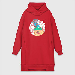 Женское худи-платье Летающая тарелка на пляже, цвет: красный