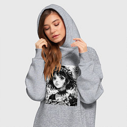 Женское худи-платье Аниме девушка портрет черно-белый, цвет: меланж — фото 2