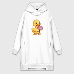 Женское худи-платье Желтая уточка с букетом роз, цвет: белый