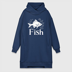 Женское худи-платье Рыба в листьях, цвет: тёмно-синий