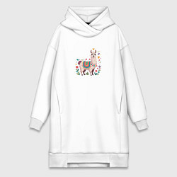 Женское худи-платье Лама с сердечками и цветами, цвет: белый