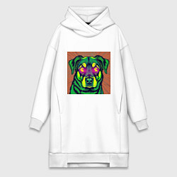 Женское худи-платье Пёс с долларами в глазах: поп-арт в неоновом стиле, цвет: белый
