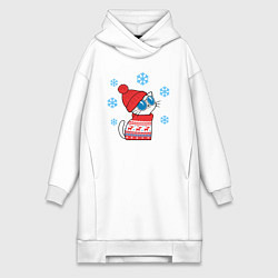 Женское худи-платье Кот в свитере с оленями, снежинки, цвет: белый